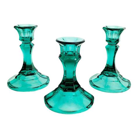 Vintage Emerald Glass Candlestick Holders Set Of 3 Glass Candlesticks Glass Candlestick