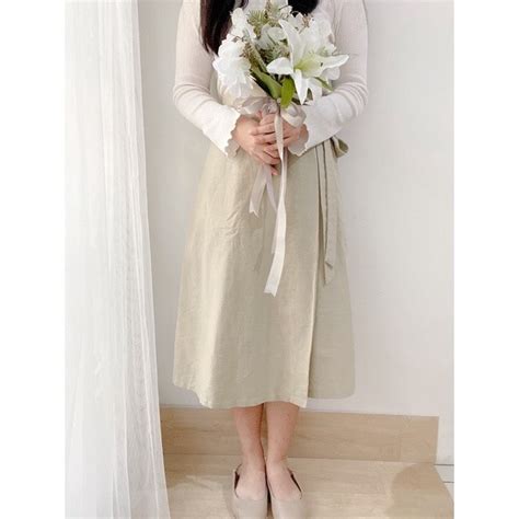 Korean Cotton Linen Wrap Skirt In Sage Green Rok Wanita Feminim Cantik