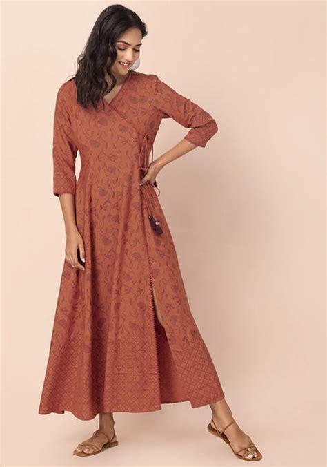 Buy Women Orange Floral Print Angrakha Kurta Angrakha Kurtas Indya