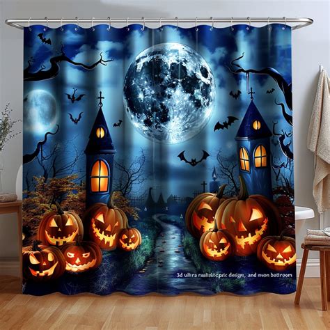 Ultra Realistic Haunted Pumpkins And Moon Bathroom Curtain Spooky