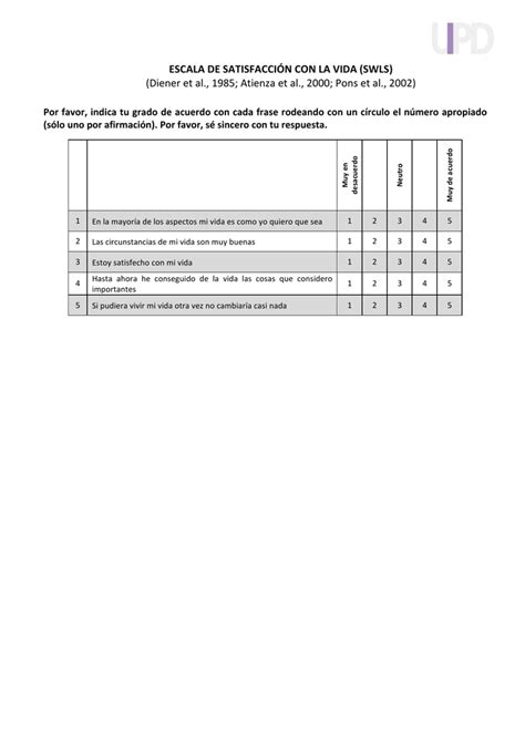 Escala De SatisfacciÓn Con La Vida Swls Diener Et Al