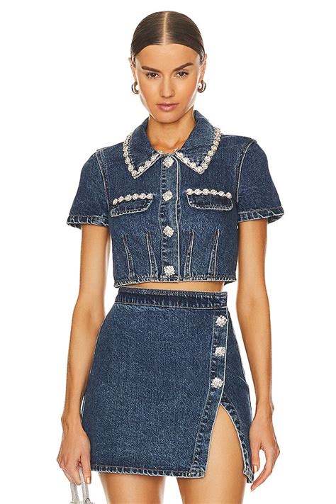 Self Portrait Denim Crop Top In Blue Revolve