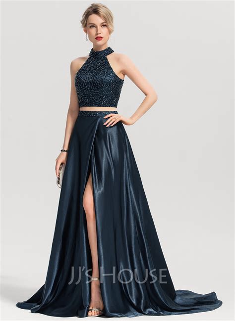 Scoop Neck Sweep Train Charmeuse Prom Dresses With Beading Split Front