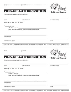 Fillable Online Pick Up Authorization Form Doodle Bugs Fax Email