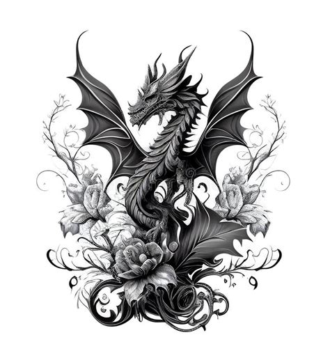 Dragon Tatouage Isolé Tribal Wyvern Silhouette Noir Blanc Dragon