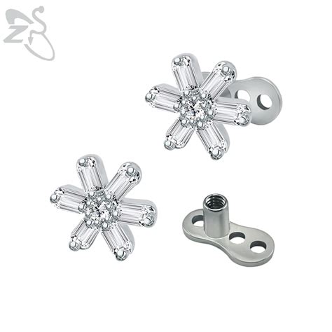 Stainless Steeltrendy Snowy Flower Dermal Anchor Rhinestones Surface Skin Dermal Piercing