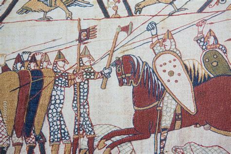 Bayeux Tapestry Depicting The Invasion By William The Conqueror Stock