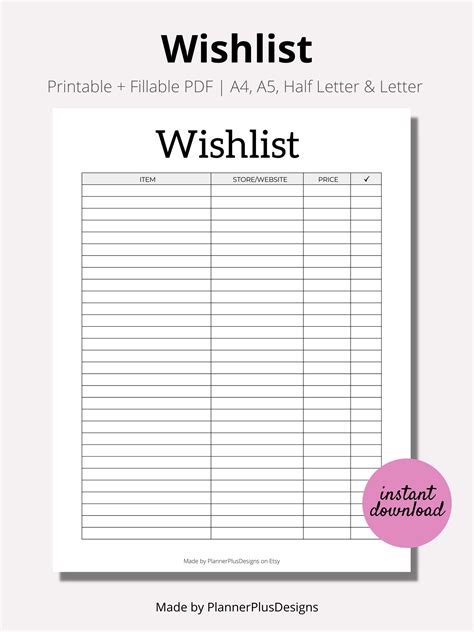 Wishlist Printable Wishlist Printable Tracker Template Shopping Wish