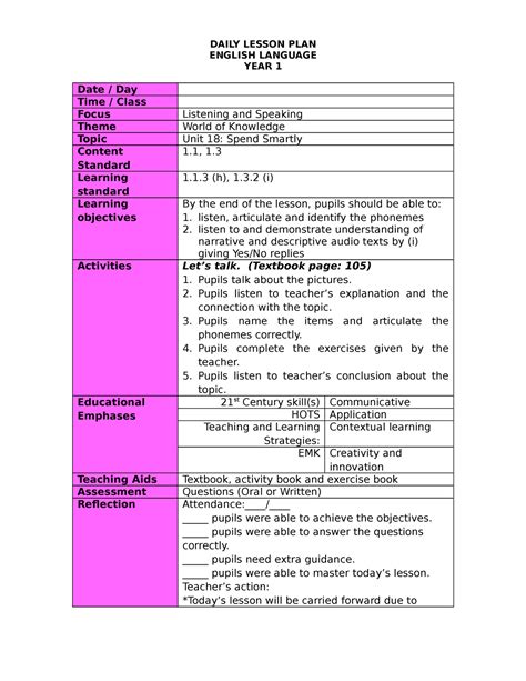 18 13`413413 Daily Lesson Plan English Language Year 1 Date Day