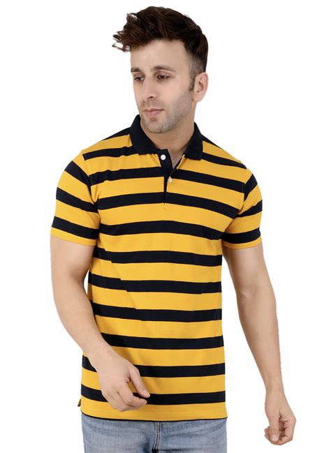 Yellow And Navy Blue Mens Striped Polo T Shirts Casual Wear Cotton At