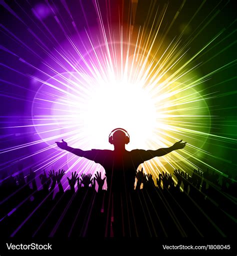 Dj and crowd on purple green background Royalty Free Vector