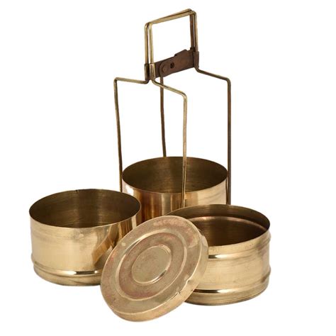 Handmade Brass Three Tier Tiffin Box With Brass Strap Frame