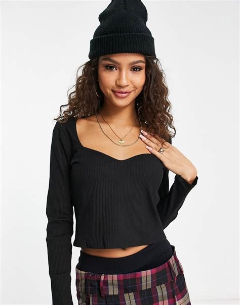 Monki Ribbed Sweetheart Neckline Long Sleeve Top In Black Asos Long