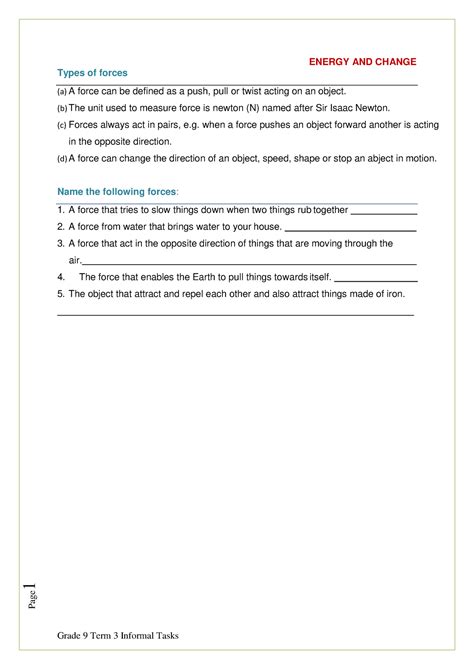 Ns Grade Term Leaner Guide Energy And Change Types Of Forces A