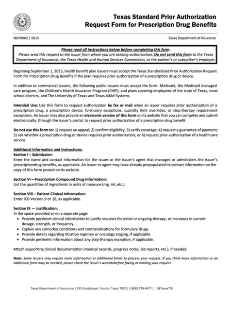 Fillable Form Nofr002 Texas Standard Prior Authorization Request Form