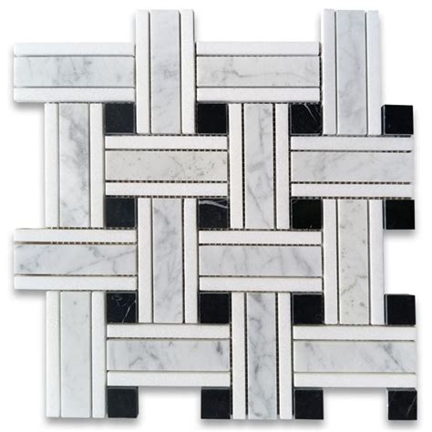 Carrara White Marble Inch Twine Basketweave Mosaic Tile W Nero