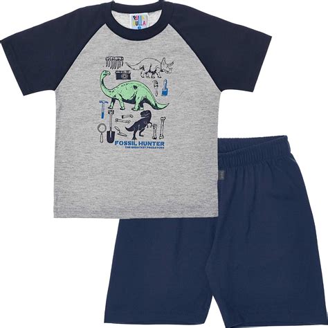 Pijama Infantil Manga Curta Dinossauro Brilha No Escuro Masculino Pulla