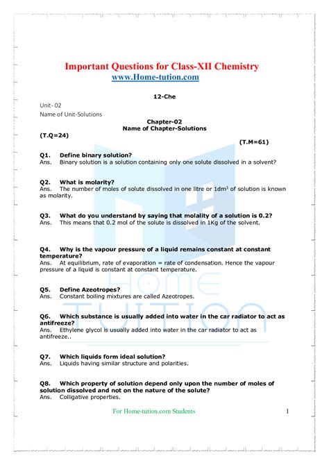 Important Questions For Class 12 Chemistry Chapter 2 Solutions