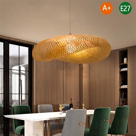 Lustre Rétro Bambou Naturel Rotin Pendentif Luminaire Tissage Éclairage