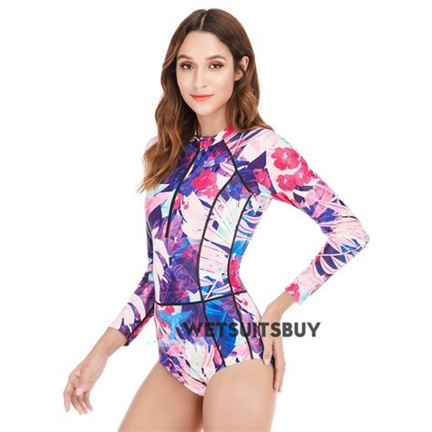 Womens Rash Guard Front Zip Long Sleeves One Piece Floral Print