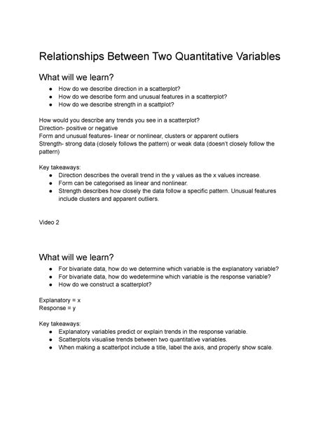 Notes For Statistics Relationships Between Two Quantitative Variables