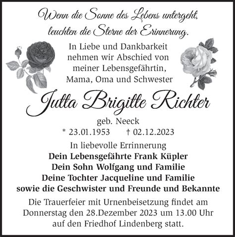 Traueranzeigen von Jutta Brigitte Richter Märkische Onlinezeitung