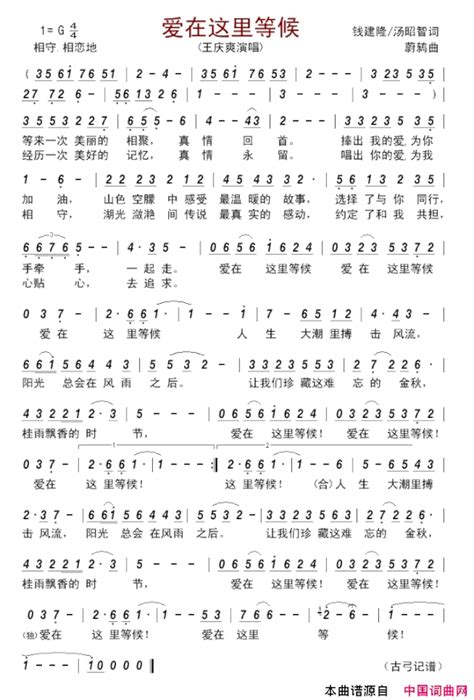 爱在这里等候简谱王庆爽钱建隆、汤昭智蔚鸫词曲 吉他弹唱