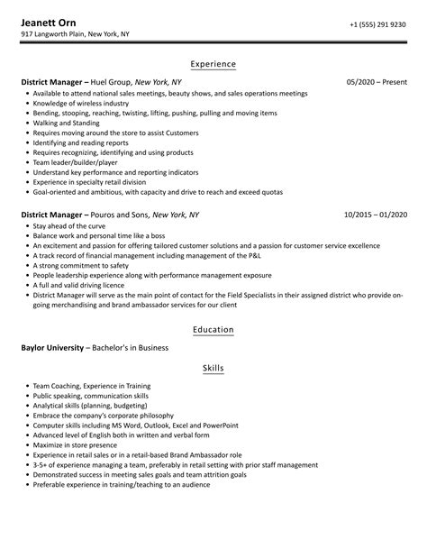 District Manager Resume Sample