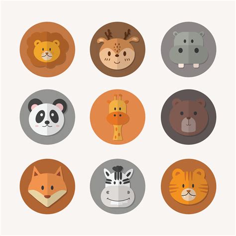 Set Of Animal Circle Face Cute Simple Animal Icon In Circle Each Color