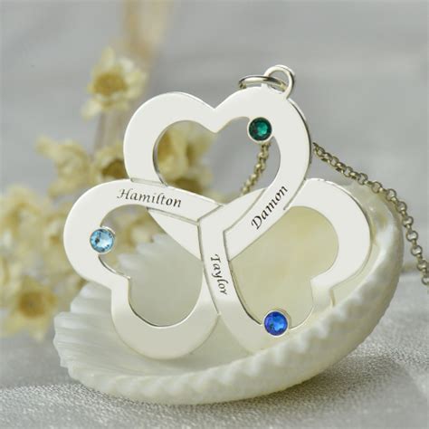 Mothers Day Triple Heart Birthstones Necklace With Names Getnamenecklace