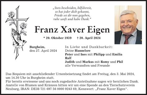 Traueranzeigen Von Franz Xaver Eigen Augsburger Allgemeine Zeitung