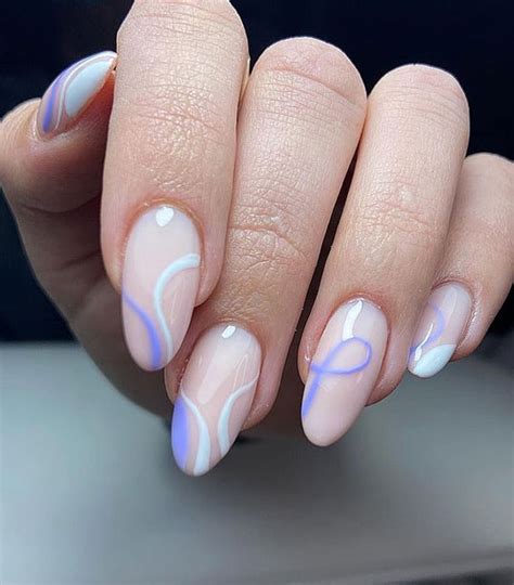 45 Cute Summer Nails 2021 Blue Swirl Nude Oval Nails