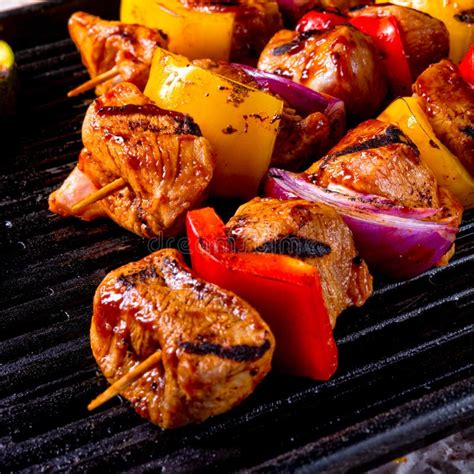 Rustic Shish Kebab Skewers With Marinated Ham Meat Paprika And R Stock