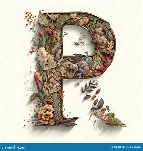 Decorative Letter P With Floral Ornament Hand Drawn Illustration In