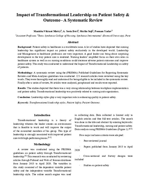 Pdf Impact Of Transformational Leadership On Patient Safety And Outcome A Systematic Review