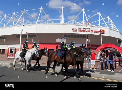 Police On Horseback Are Present Outside The Stadium Of Light Before The