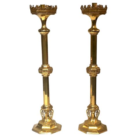 Pair Of 19th Century Spanish Brass Church Altar Candlesticks For Sale