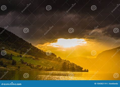 Red Sunset Over Sea Fjord Norway Stock Image Image Of Coast Sunbeam