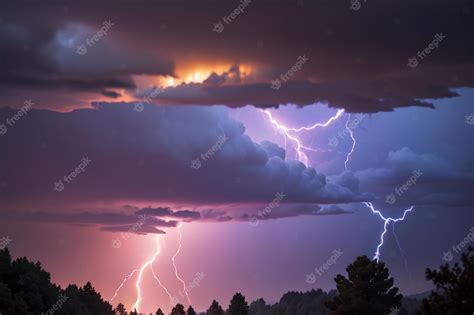 Premium Photo | A lightning storm with a purple sky and clouds