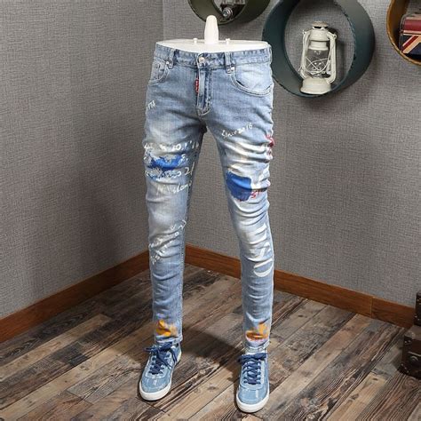 American Streetwear Fashion Men Jeans Light Blue Slim Fit Printed Jeans