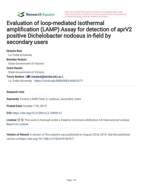 Pdf Evaluation Of Loop Mediated Isothermal Amplification Lamp Assay