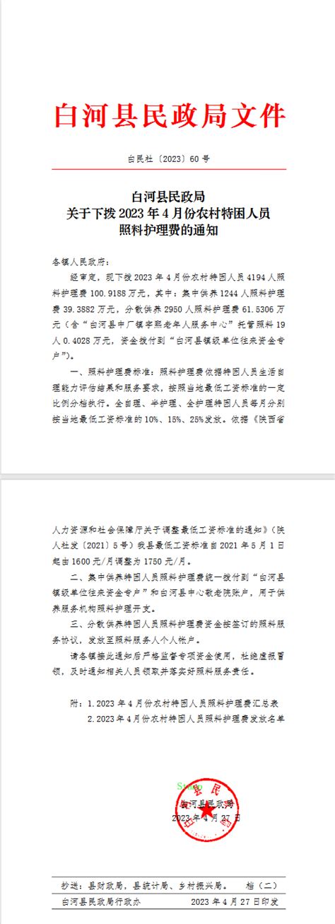 白民社〔2023〕60号 白河县民政局关于下拨2023年4月份农村特困人员照料护理费的通知 白河县人民政府