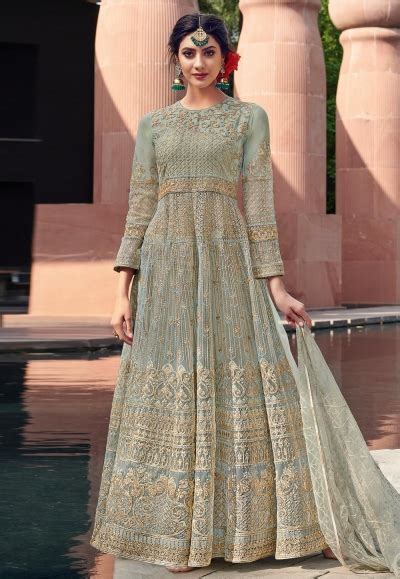 Light Green Net Embroidered Long Anarkali Suit