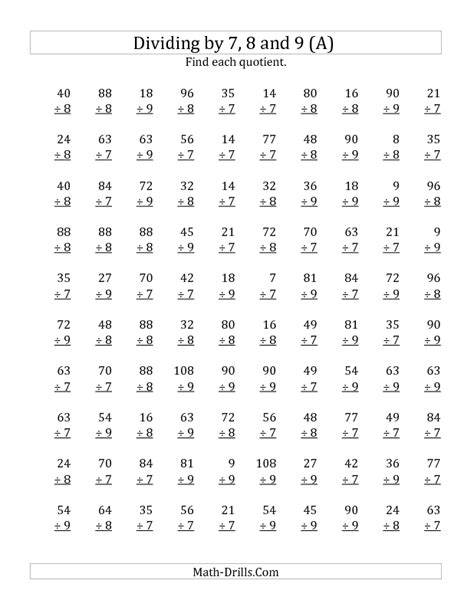 Dividing By 7 8 And 9 Quotients 1 To 12 A Division Worksheet Math Division Worksheets