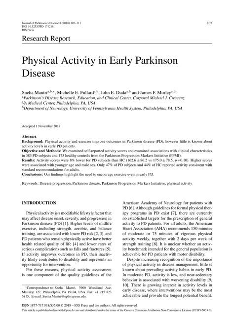 Pdf Physical Activity In Early Parkinson Disease