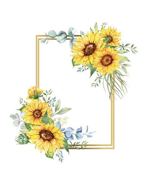 Geometric Floral Frames with Sunflowers and Leaves. Watercolor ...