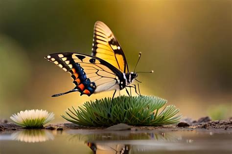 Premium AI Image | Butterfly on a plant with water background