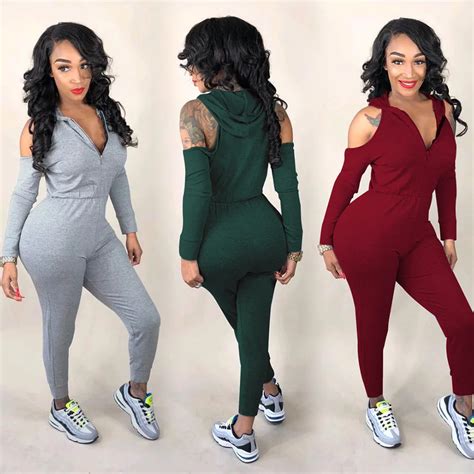 V Neck Solid Bodycon Jumpsuits Autumn Off Shoulder Women Hoodies