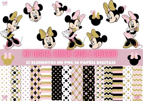 Kit Digital Minnie Rosa E Dourado Produtos Elo7