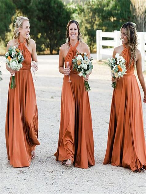 Burnt Orange Long Bridesmaid Dresses A Line Halter Floor Length